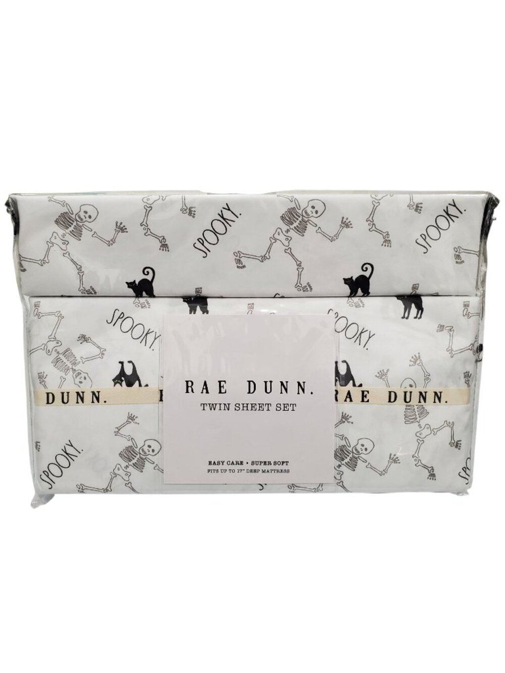 Rae Dunn Halloween White Skeleton Black Cat Printed Twin Sheet Set Bedding NEW